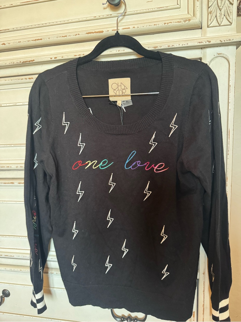 Chaser Black "One Love" Embroidered Sweater